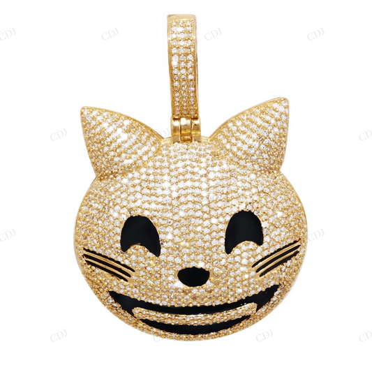 1.6 Inch Silver Moissanite Smiling Cat Emoji Pendant CustomDiamJewel