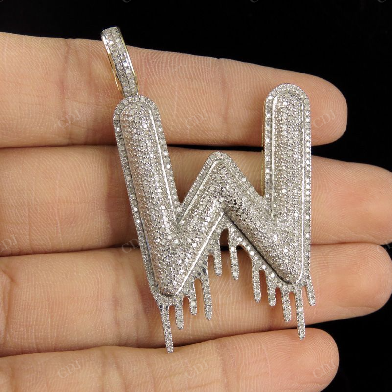 2" 1.90 CTW 10K Gold Real Diamond Letter 'W' Initial Drip Pendant CustomDiamJewel