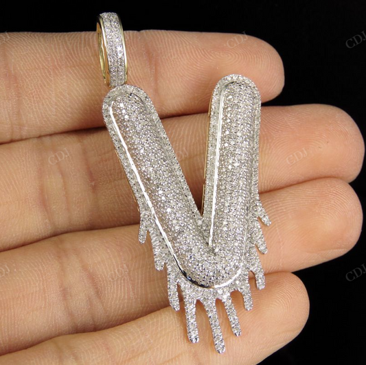 14K Solid Gold Diamond Letter 'V' Drip Initial Custom Pendant CustomDiamJewel
