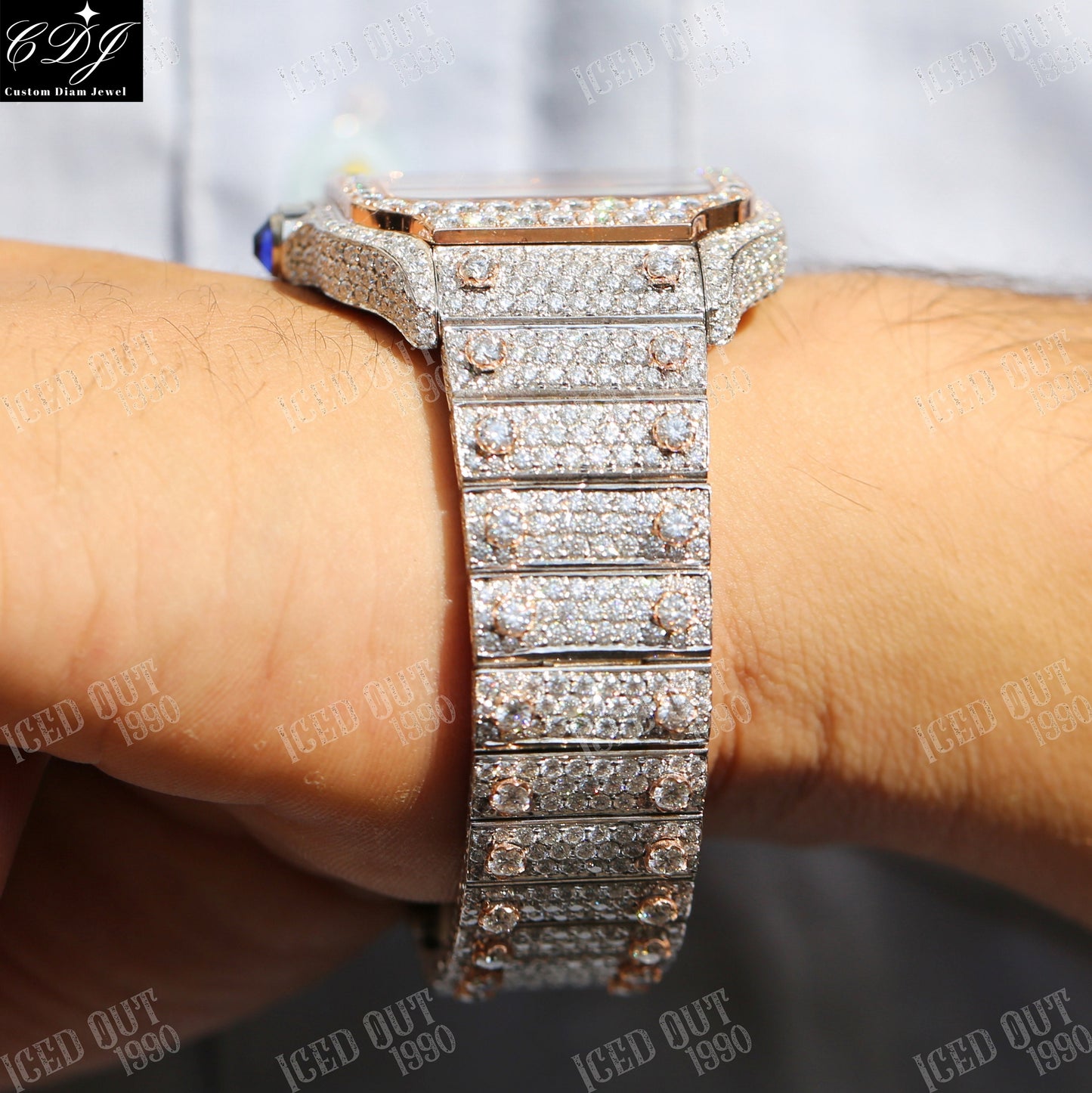 VVS Moissanite Studded Cartier Rose Gold Plated Diamond Watch customdiamjewel