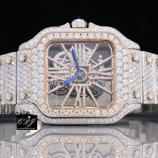 Diamond Studded Two Tone Skeleton Moissanite Wrist Watch customdiamjewel