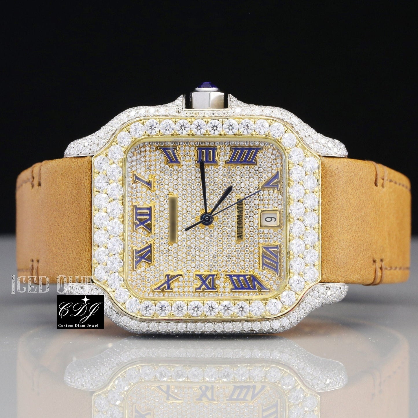 Stainless Steel Bezel Iced Out Cartier Diamond Watch For Men customdiamjewel