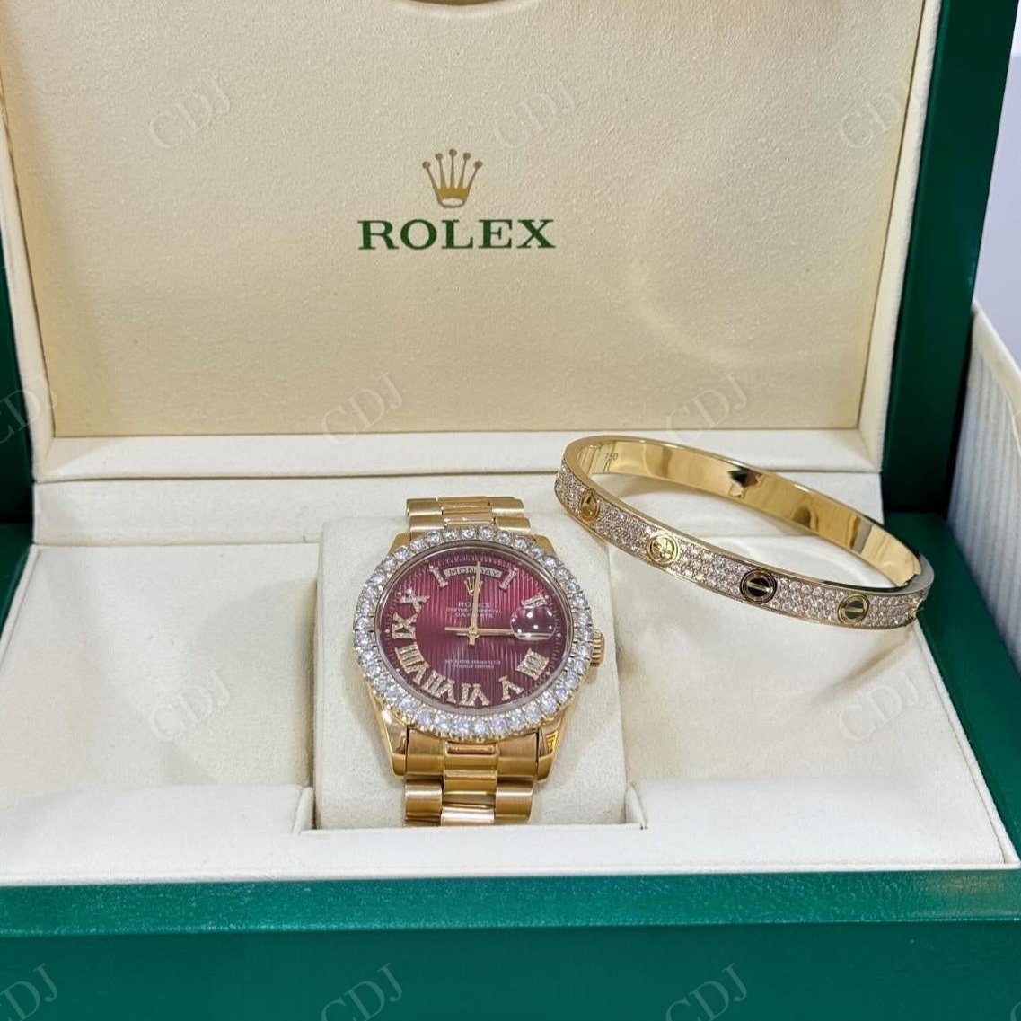 Full Yellow Rolex Red Dial 1 Row On Bezel Moissanite Diamond Set Hip Hop Watch for Men hip hop jewelry CustomDiamJewel