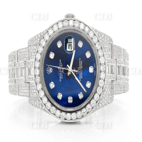 Baugette Moissanite Diamond Blue Dial Rolex Date Just Watch For Men customdiamjewel
