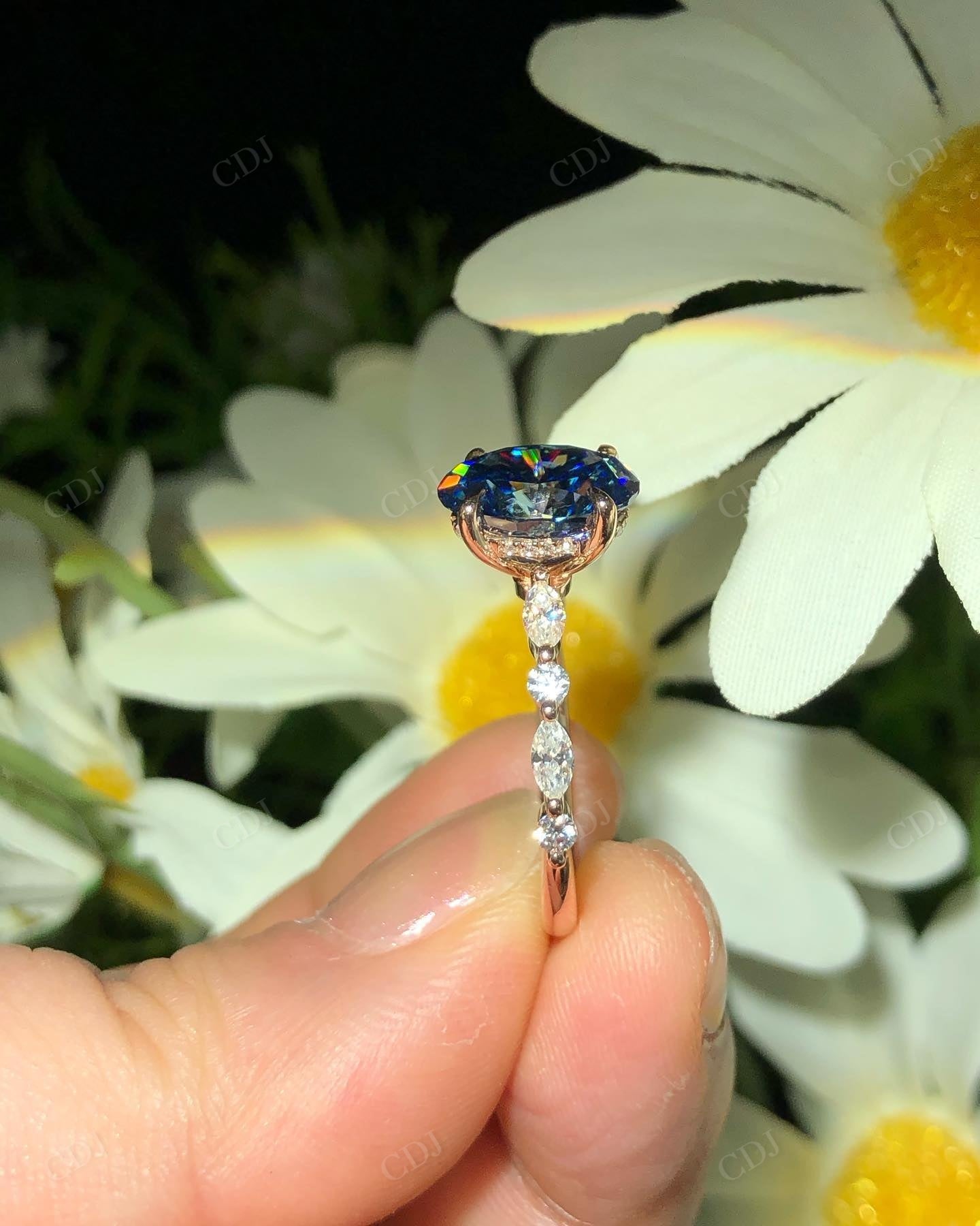Blue Oval Cut Moissanite Diamond Ring For Women