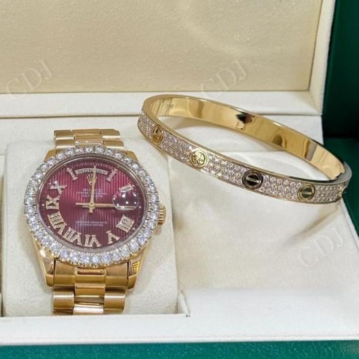 Full Yellow Rolex Red Dial 1 Row On Bezel Moissanite Diamond Set Hip Hop Watch for Men hip hop jewelry CustomDiamJewel