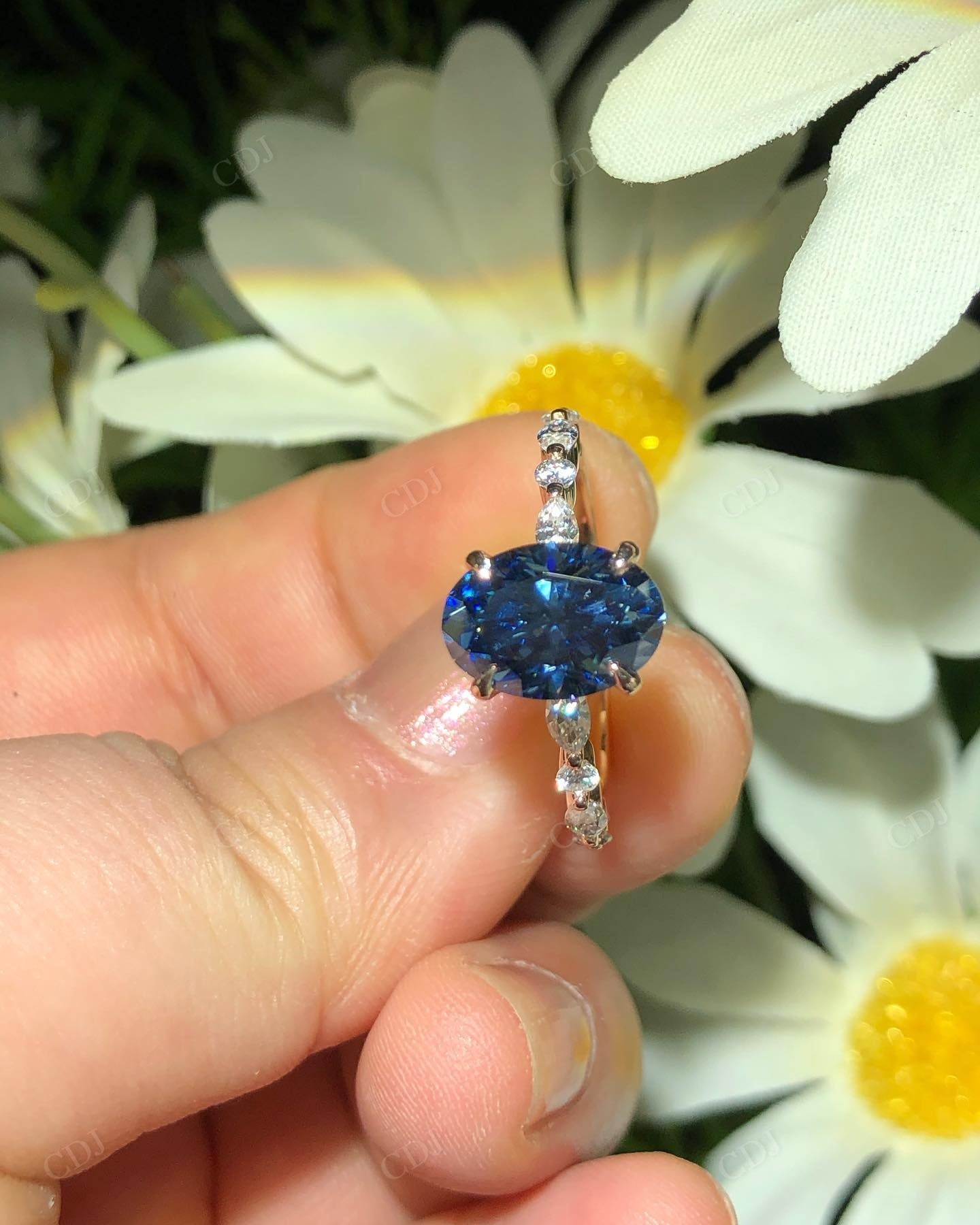 Blue Oval Cut Moissanite Diamond Ring For Women