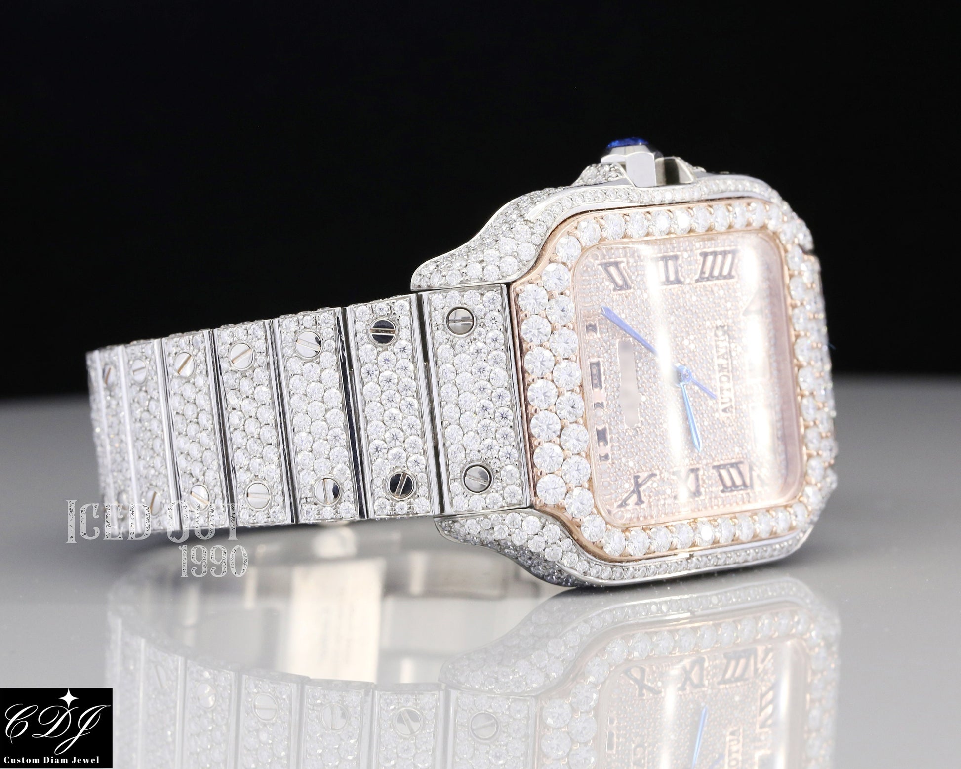 Two Tone Cartier Moissanite Studded Hip Hop Watch customdiamjewel