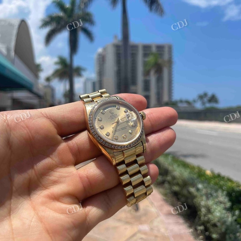 36mm Rolex Oyster Moissanite On Bezel Day Date Watch For Female customdiamjewel