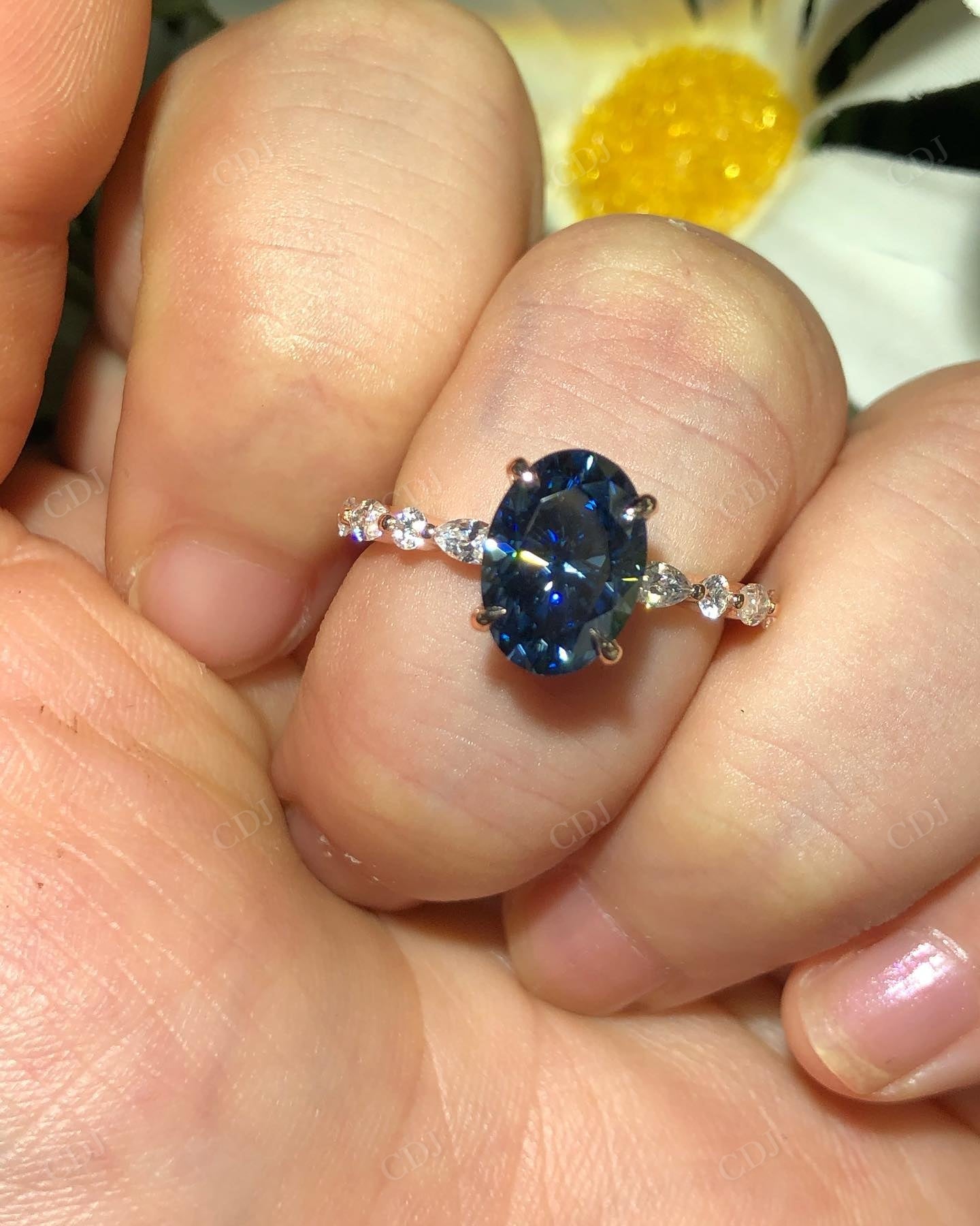 Blue Oval Cut Moissanite Diamond Ring For Women