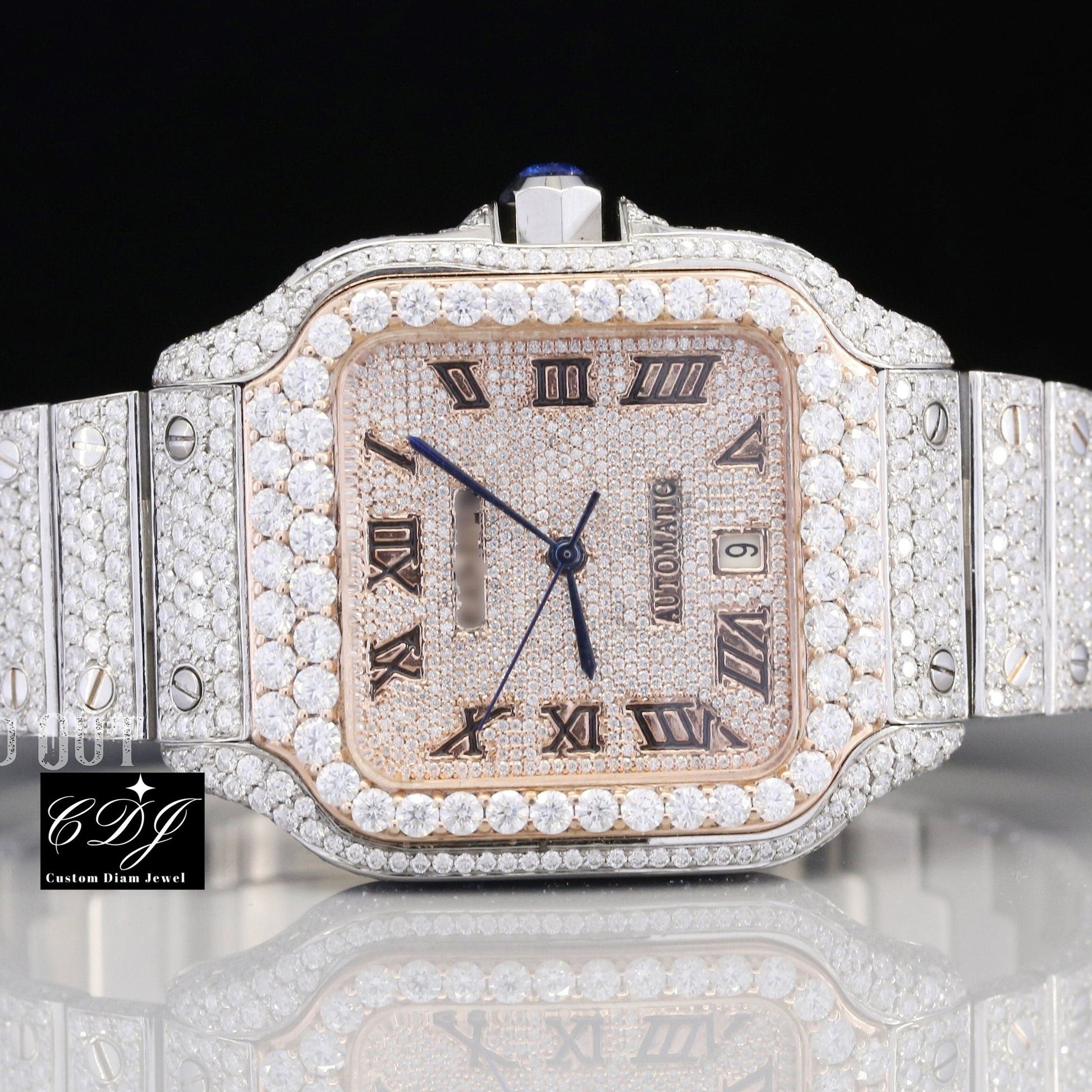 41mm Fully Iced Out Two Tone Cartier Moissanite Diamond Watch customdiamjewel