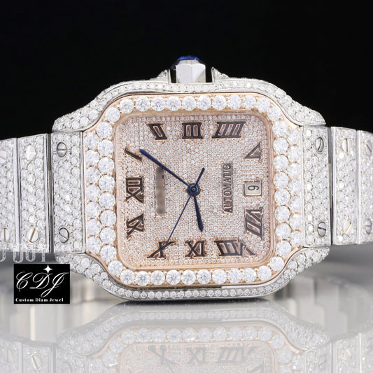 41mm Fully Iced Out Two Tone Cartier Moissanite Diamond Watch customdiamjewel