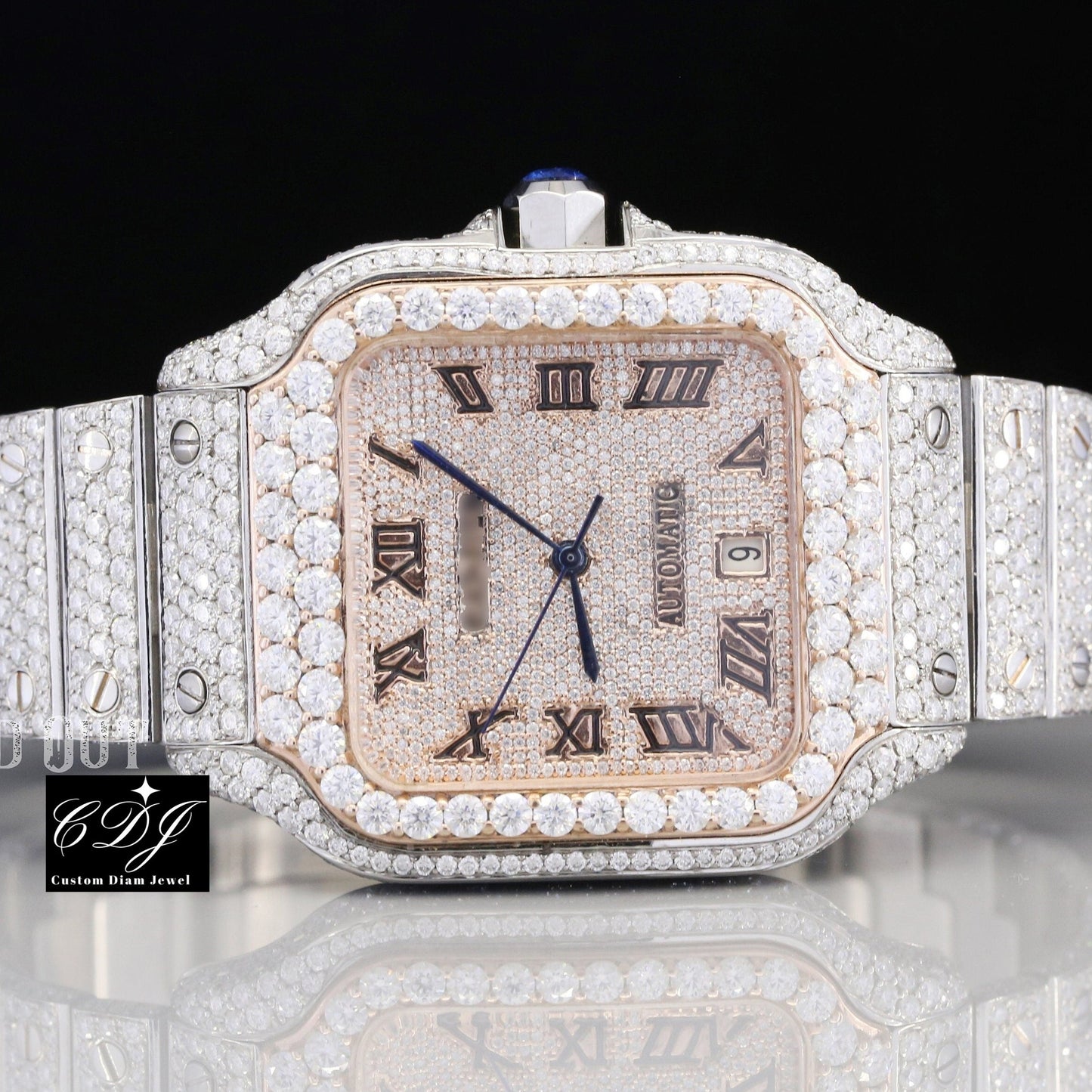 Two Tone Cartier Moissanite Studded Hip Hop Watch customdiamjewel
