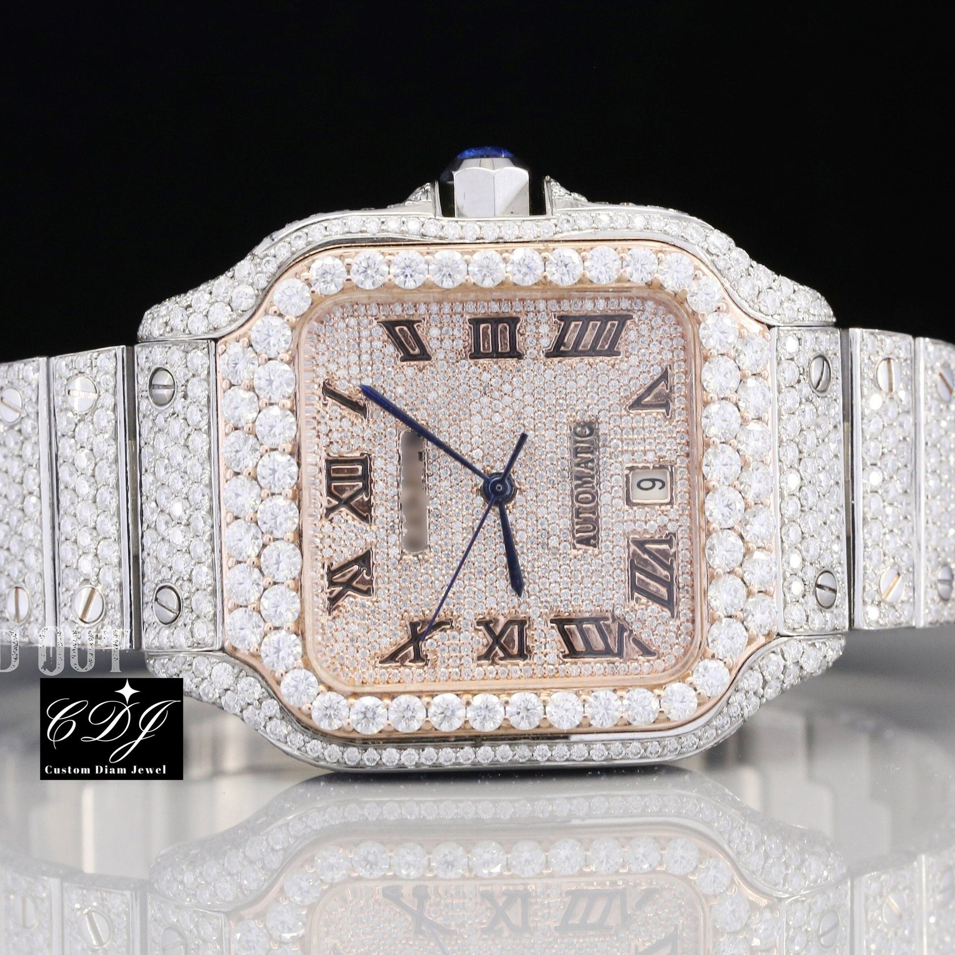 Two Tone Cartier Moissanite Studded Hip Hop Watch customdiamjewel