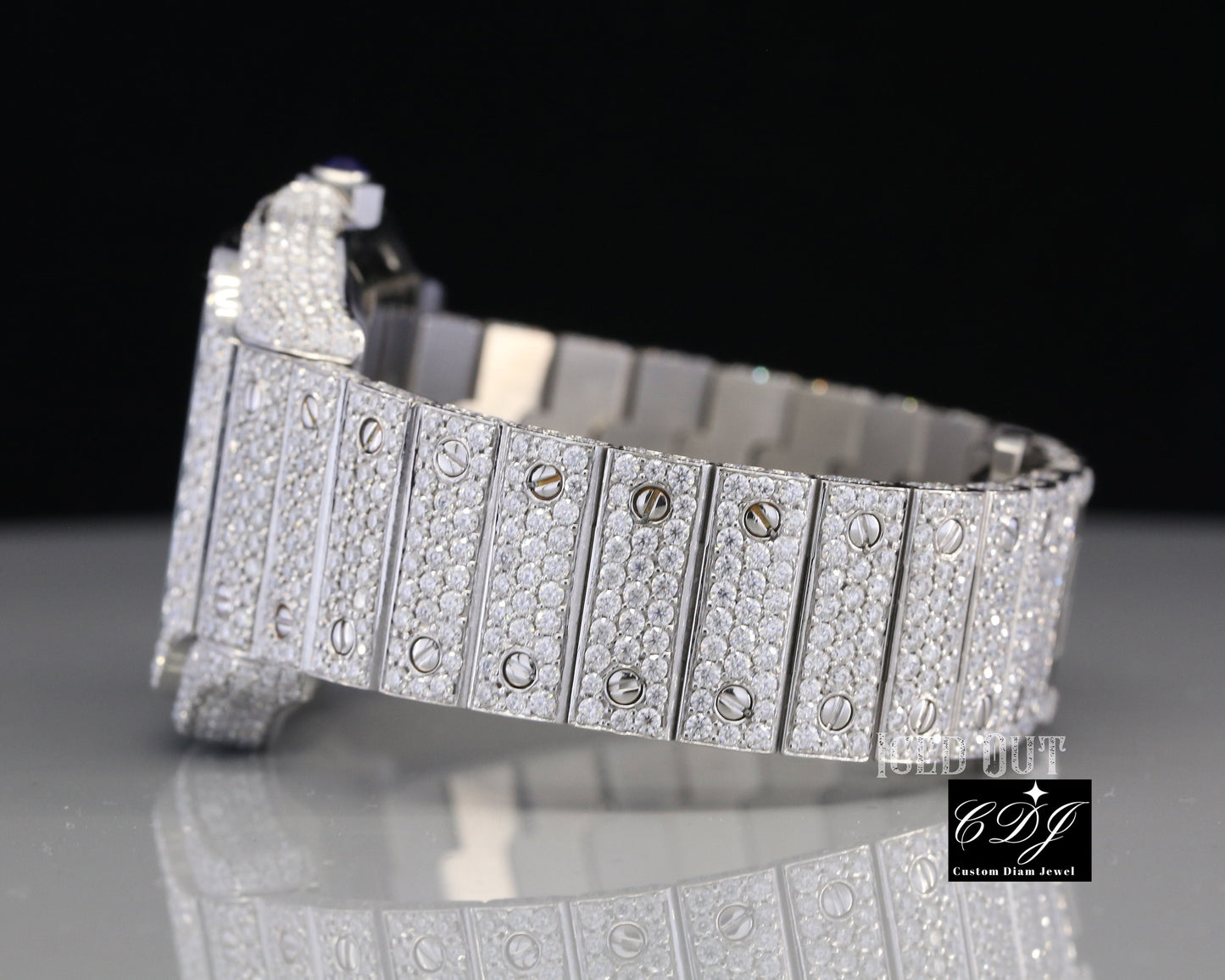 Full Iced Out Cartier Santos Custom Moissanite Watch customdiamjewel