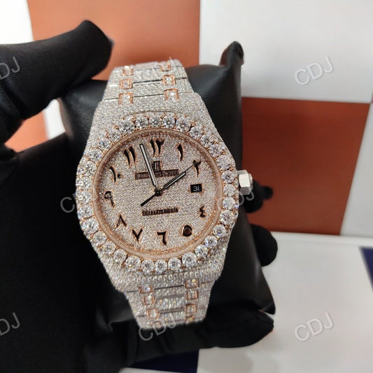 Rose White Gold Plated Arabic Dial Ice Out Bust Down Diamond Watch customdiamjewel