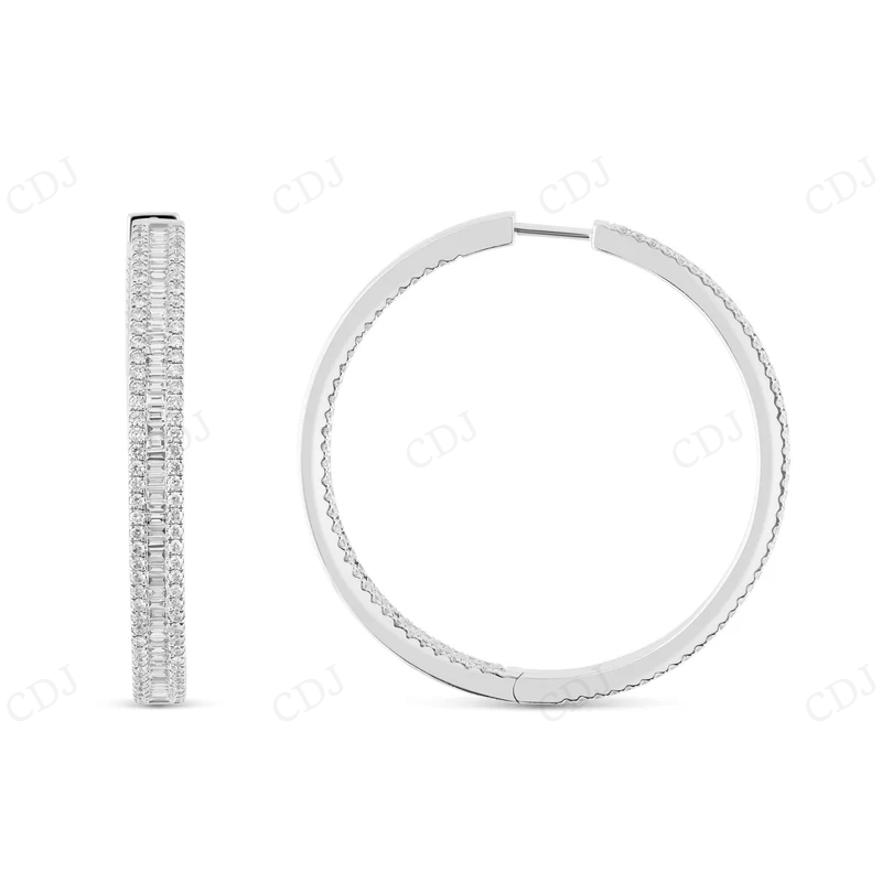 18K White Gold Baguette Diamond Inside Out Hoop Earrings Stud earrings CustomDiamJewel