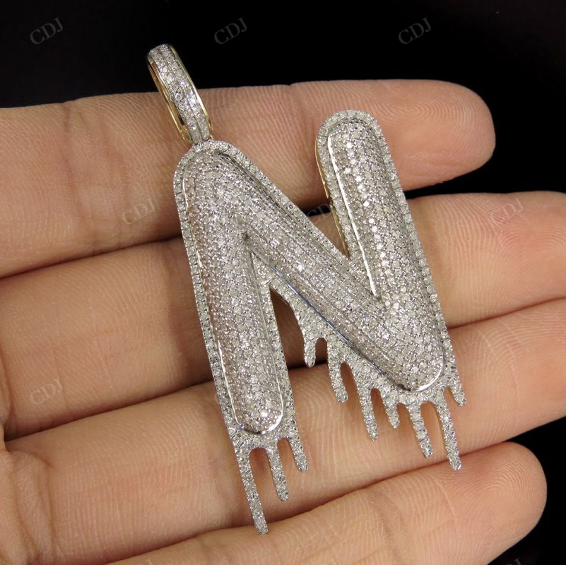 2" 1.72 CTW 14K Gold Natural Diamond Letter 'N' Initial Drip Pendant CustomDiamJewel