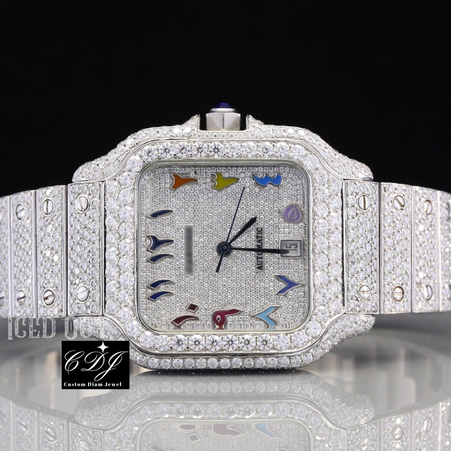 Cartier Santos Rainbow Digit Moissanite Custom Hip Hop Watch customdiamjewel