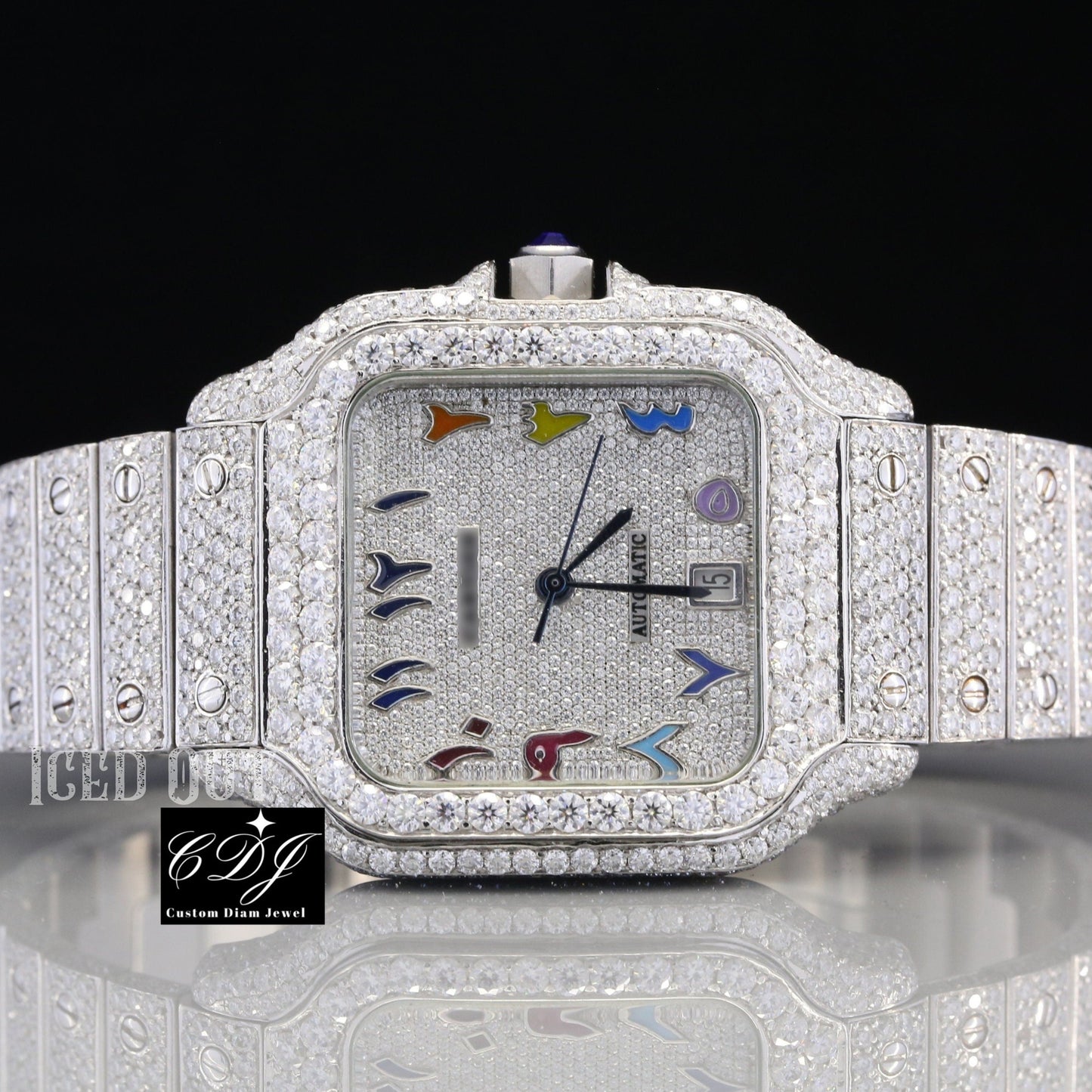 Fully Iced Out Cartier Santos Rainbow Arabic Dial Wrist Watch customdiamjewel
