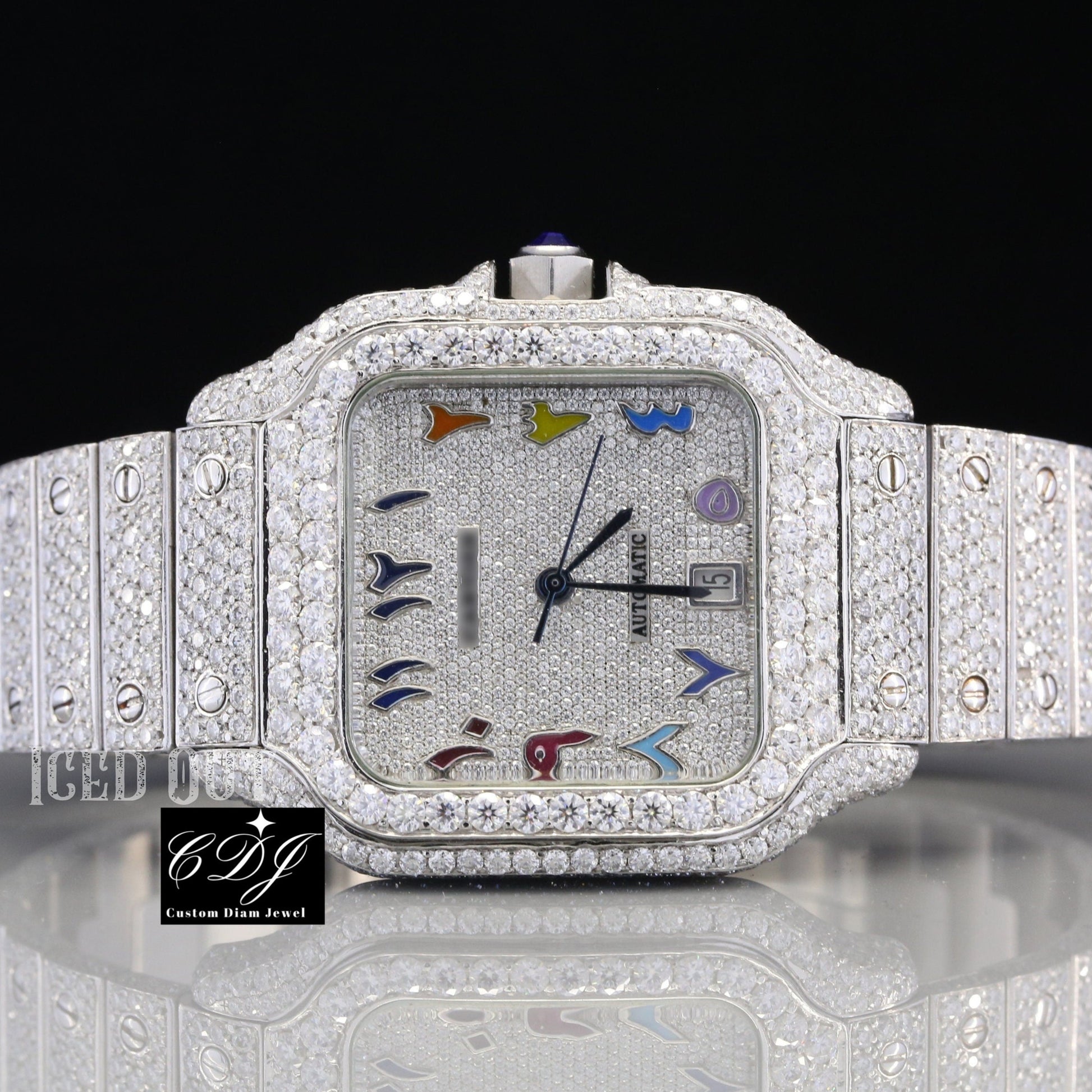 Fully Iced Out Cartier Santos Rainbow Arabic Dial Wrist Watch customdiamjewel