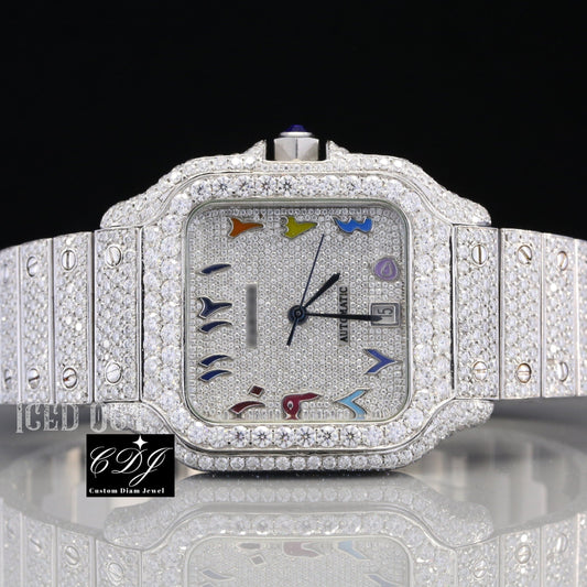 Fully Iced Out Cartier Santos Rainbow Arabic Dial Wrist Watch customdiamjewel