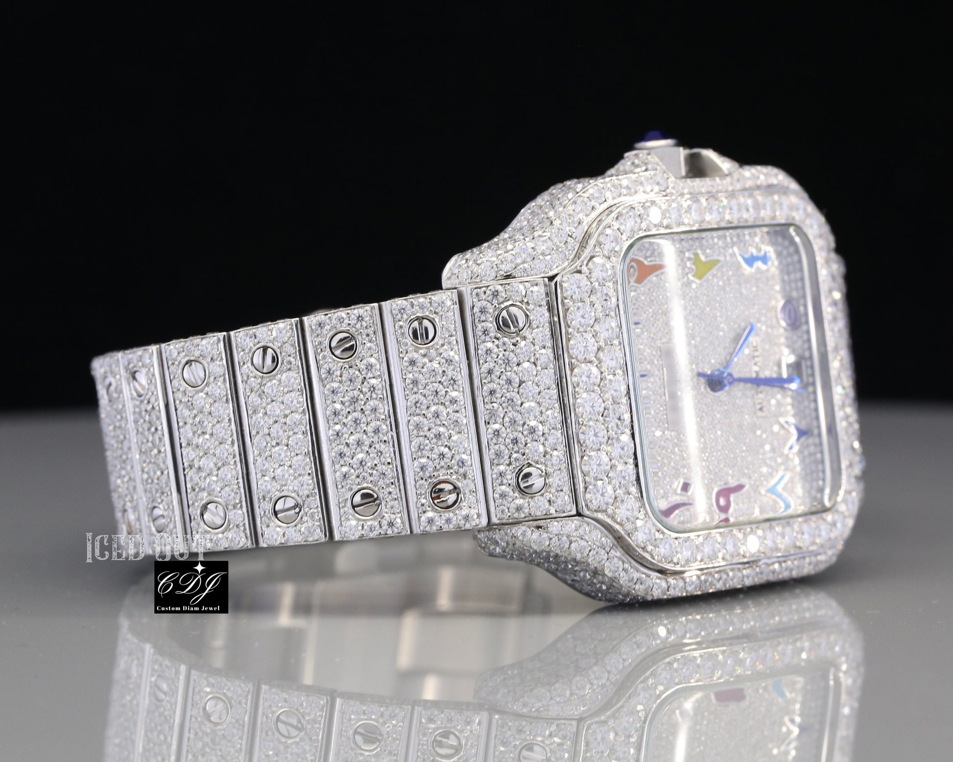 Cartier Santos Rainbow Digit Moissanite Custom Hip Hop Watch customdiamjewel