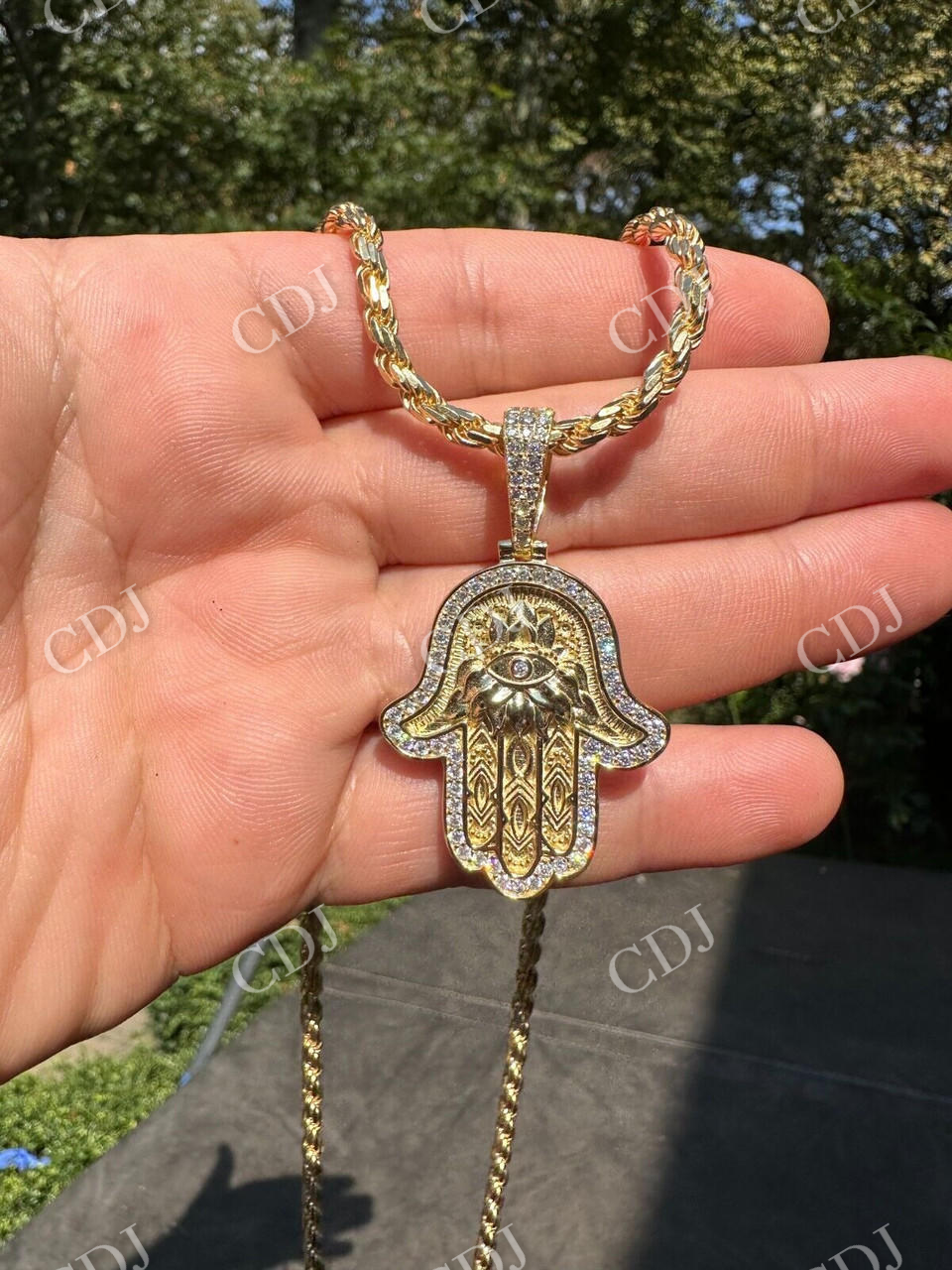 Hamsa Evil Eye Hand Iced Moissanite Pendant  customdiamjewel   