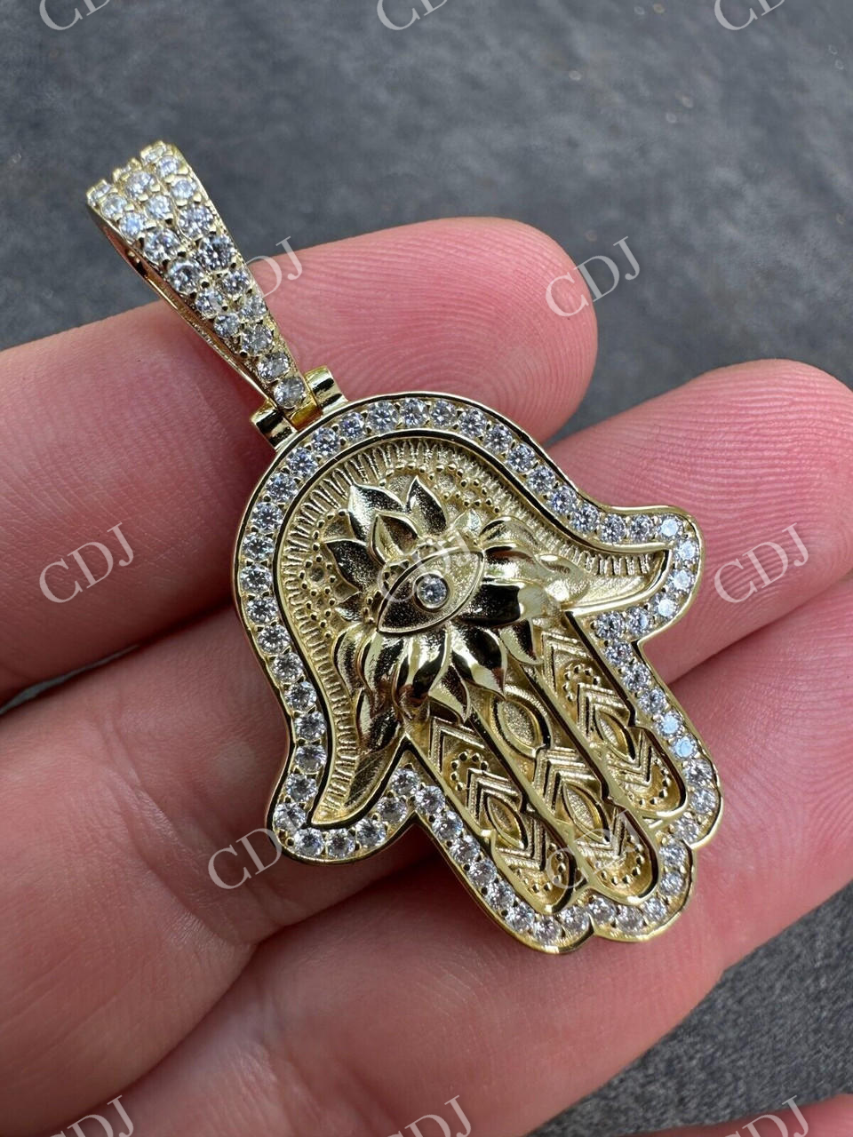 Hamsa Evil Eye Hand Iced Moissanite Pendant  customdiamjewel   