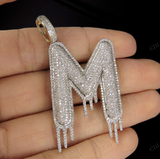2" 1.7 CTW Real Diamond 10K Solid Gold Letter 'M' Initial Drip Pendant CustomDiamJewel
