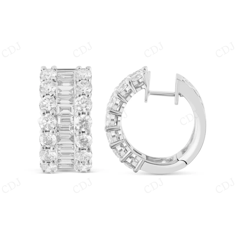Baguette And Round Diamond Huggie Earrings Stud earrings CustomDiamJewel