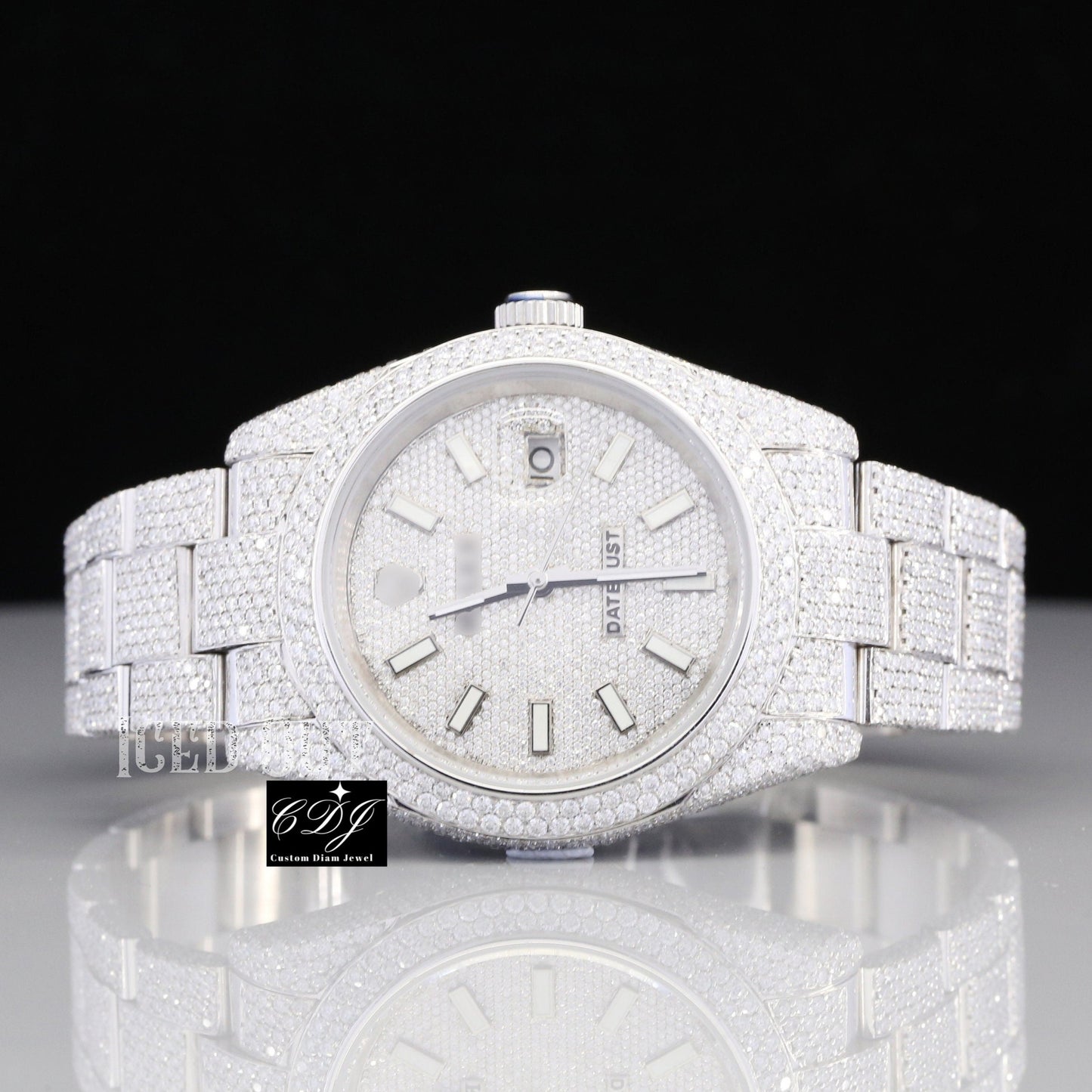 Full White Rolex Oyster Moissanite Studded Watch customdiamjewel