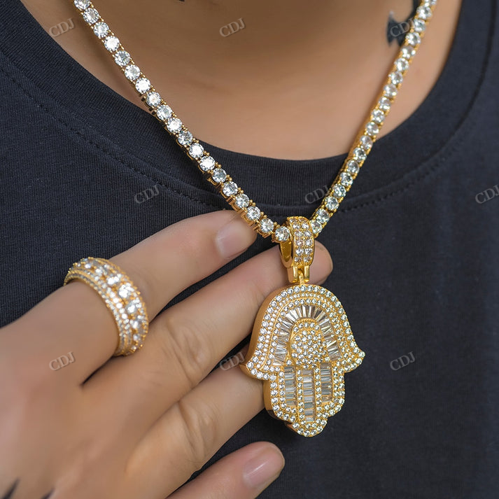 Baguette and Round Diamond Moissanite Hamasa Pendant hip hop jewelry CustomDiamJewel
