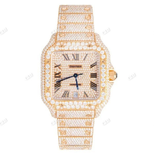 Iced Out Lab Grown Diamond Cartier Santos Watch customdiamjewel