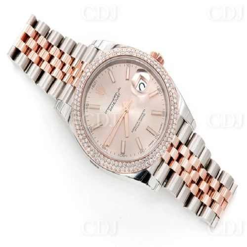 Lab Grown Diamond Bezel Rose Dial Rolex Plain Watch customdiamjewel