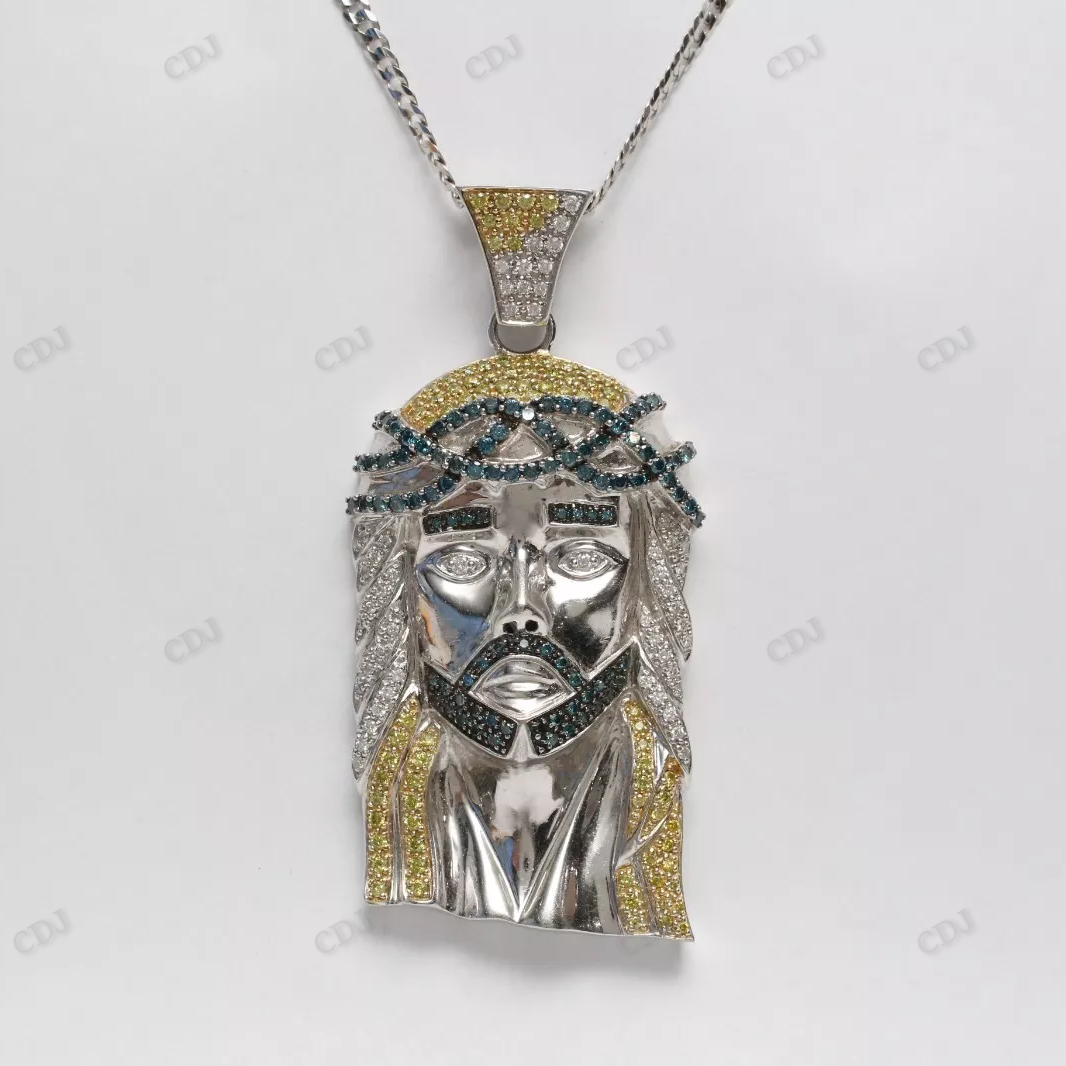 Custom Jesus Pendant with Blue/ White/ Yellow Diamonds hip hop jewelry CustomDiamJewel
