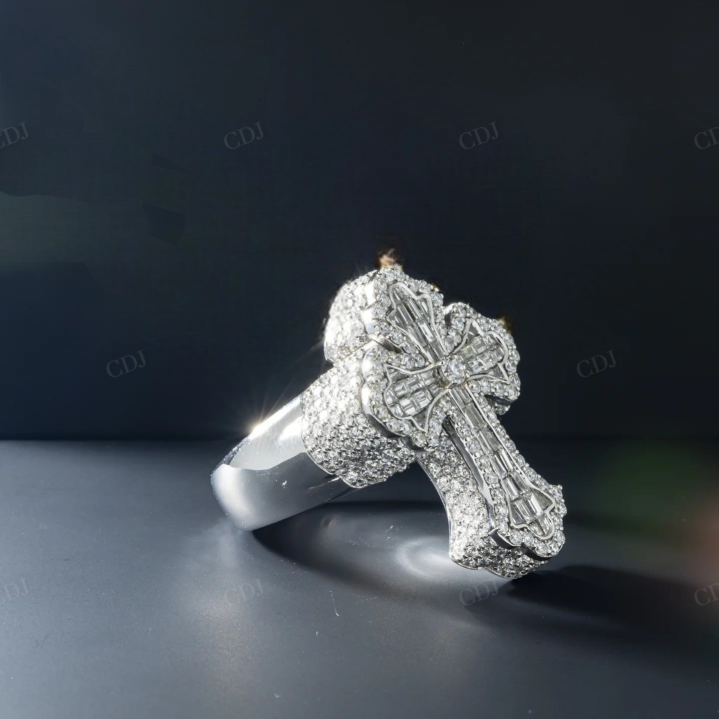 925 Silver Baguette Diamond Fleur De Lis Cross Ring hip hop ring customdiamjewel