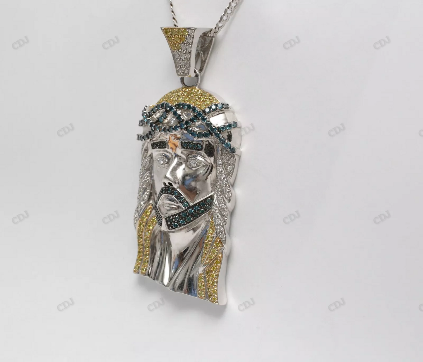 Custom Jesus Pendant with Blue/ White/ Yellow Diamonds hip hop jewelry CustomDiamJewel