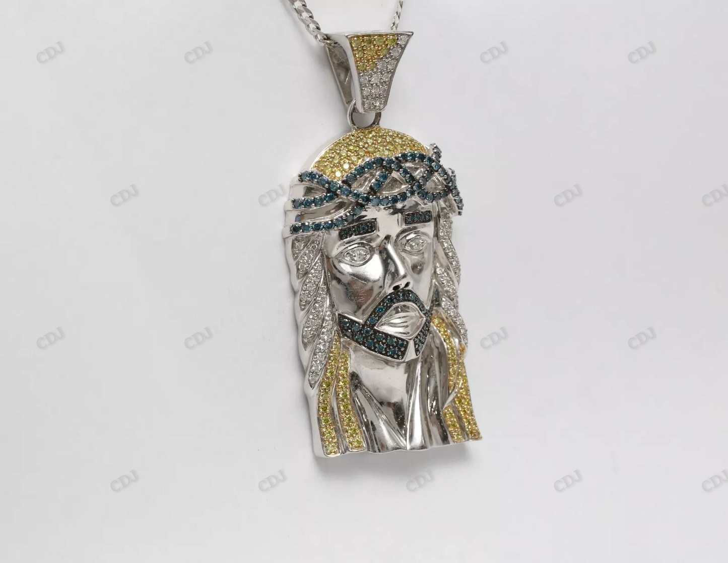 Custom Jesus Pendant with Blue/ White/ Yellow Diamonds hip hop jewelry CustomDiamJewel