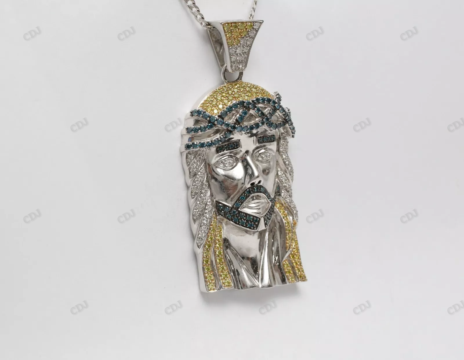 Custom Jesus Pendant with Blue/ White/ Yellow Diamonds hip hop jewelry CustomDiamJewel