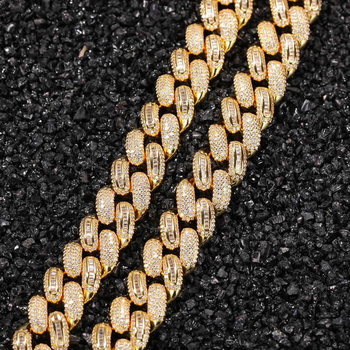 Iced Out 15MM Baguette Diamond Gold Cuban Chain hip hop jewelry CustomDiamJewel
