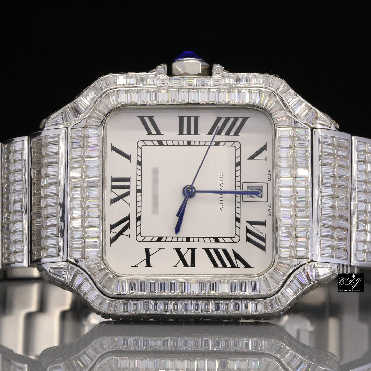 Trending Iced Out Handset VVS Baguette Studded Cartier Watch customdiamjewel