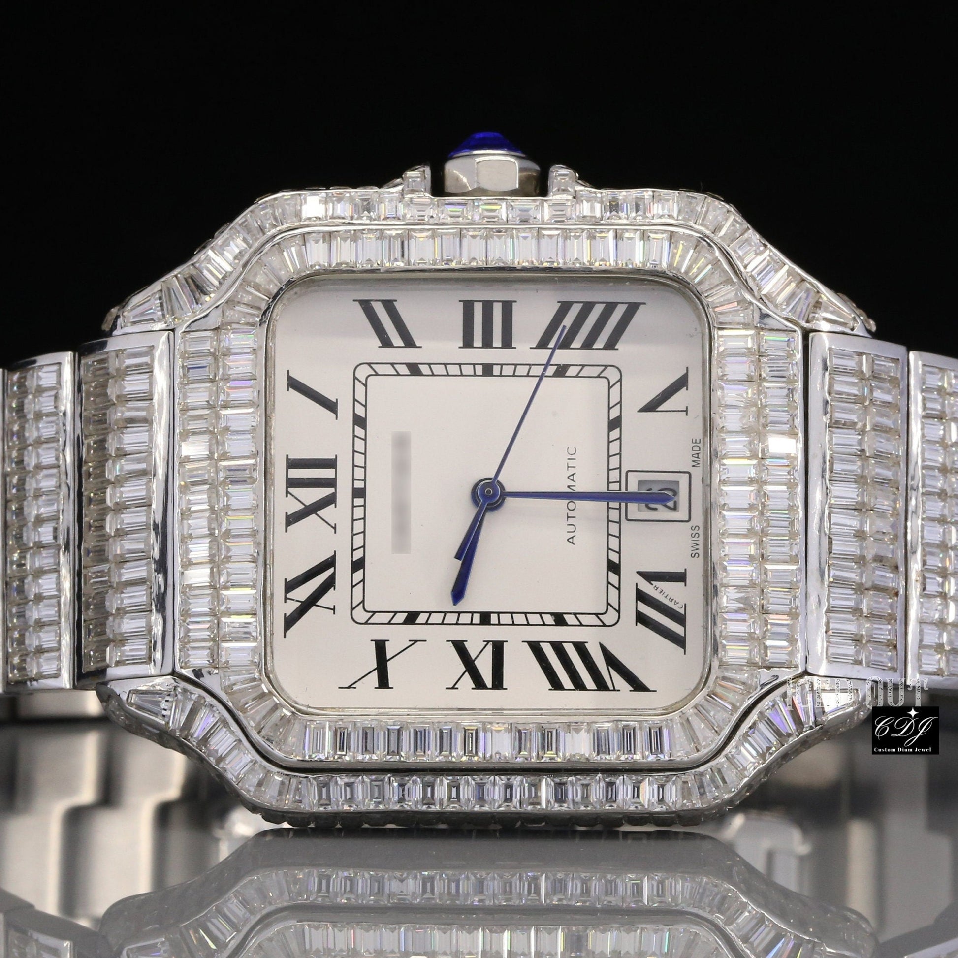 Trending Iced Out Handset VVS Baguette Studded Cartier Watch customdiamjewel