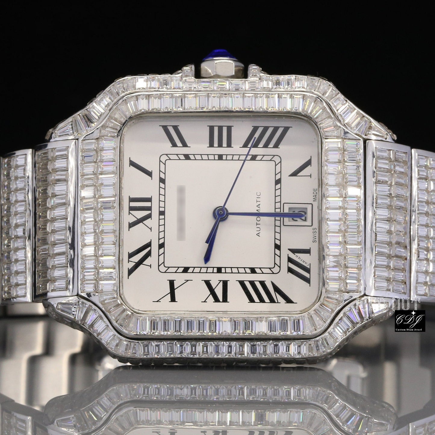 Fully Iced Out Cartier Baguette Men's Bust Down Hip Hop Watch customdiamjewel