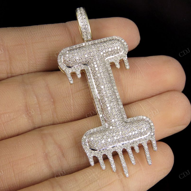 2" 1.4 CTW 10K Solid Gold Diamond Letter 'I' Initial Drip Pendant CustomDiamJewel
