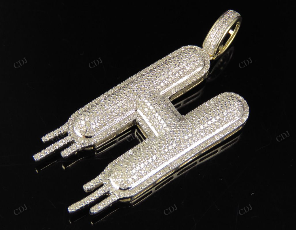 2" 1.55 CTW 14K Solid Gold Natural Diamond Letter 'H' Initial Drip Pendant CustomDiamJewel