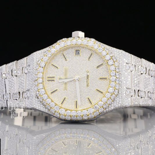 Yellow Gold Plated Round Dial Lab Grown Diamond Watches CVD AP Real Watches For Man In Low Price  customdiamjewel   
