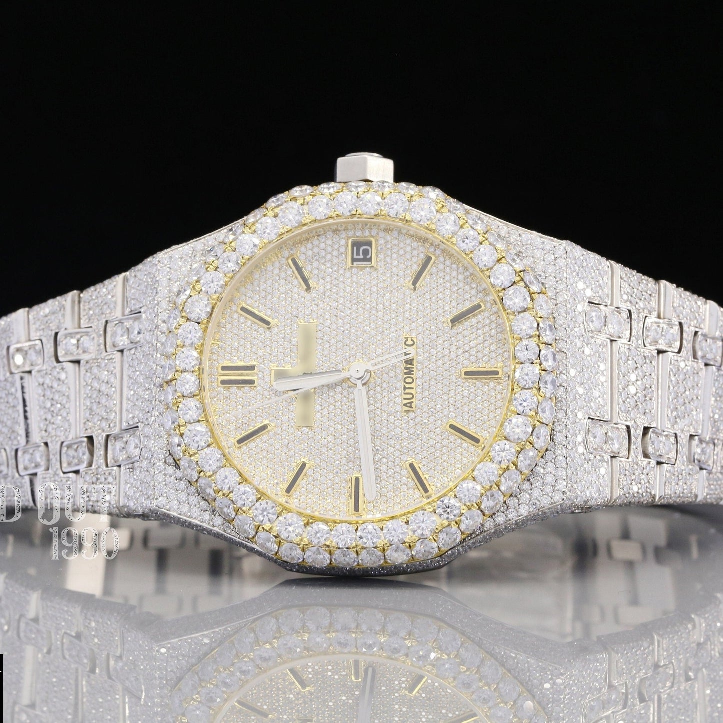 Yellow Plated Bezel VVS White Moissanite Luxury Diamond Watch customdiamjewel
