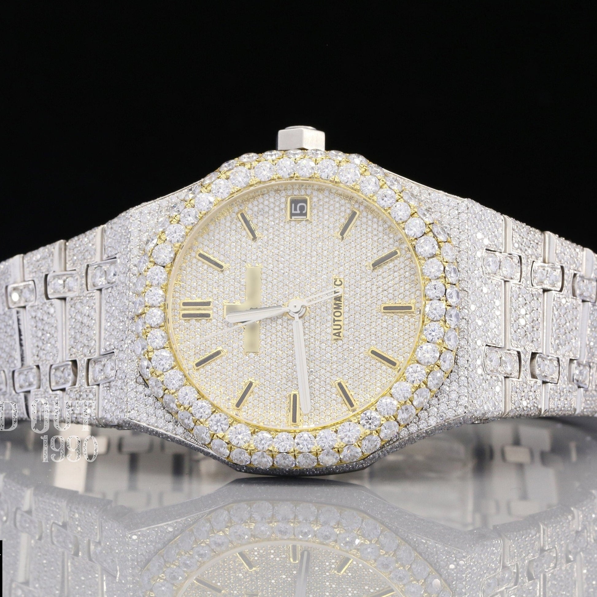 Yellow Plated Bezel VVS White Moissanite Luxury Diamond Watch customdiamjewel