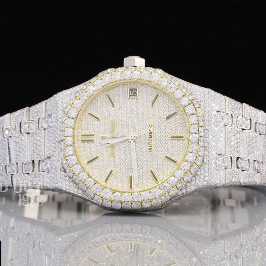 Yellow Plated Bezel VVS White Moissanite Luxury Diamond Watch customdiamjewel